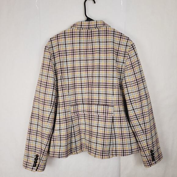 Vintage L.L. Bean wool oatmeal check plaid leather button jacket Size 18 Preppy - Picture 2 of 12